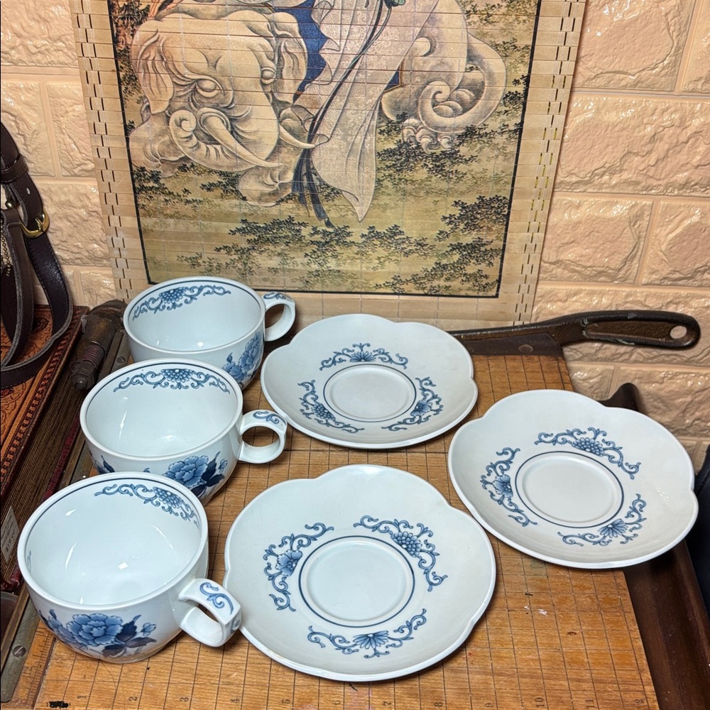 Noritake Cup Saucer Set of 3 Versatone Orient Sometsuke B352W17 Japan - Picture 5 of 13